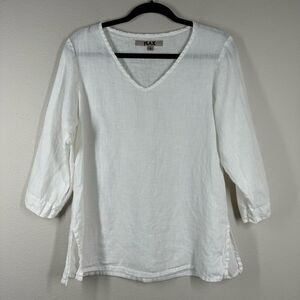 FLAX 100% Linen Pull Over Blouse White 3/4 Sleeve Shirt Size Small